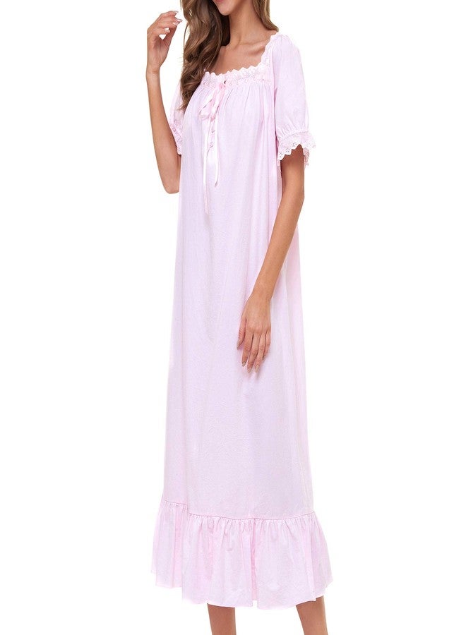 Lu's Chic Women's Victorian Nightgown Cotton Sleepwear Long Loungewear Short Sleeve Soft Nightwear Night Dress Sleep Calf Length Ruffle Nightdress Scoop Neck Lace Solid Pink Small - Image 5